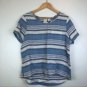 C&C California | Women’s Linen Blue Striped Short Sleeved Top